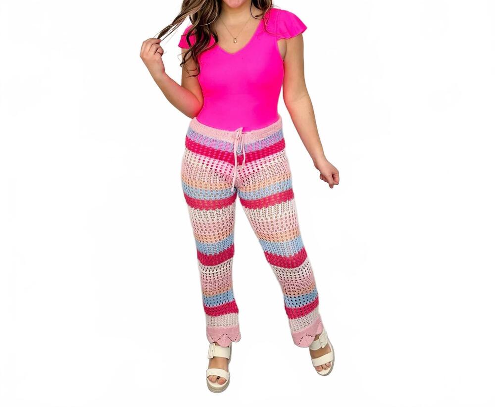 NEW KATYDID resort hangout crochet high-rise bottoms in pink pastel striped